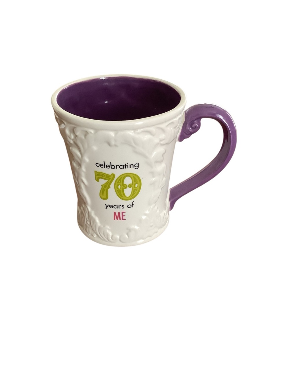 Celebrating 70 Years of Me White and Purple Ceramic Mug